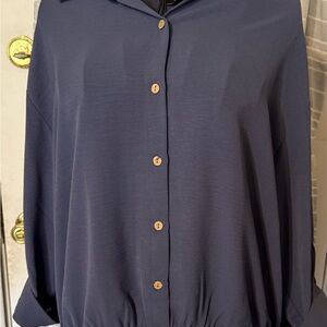 BCX Blue 3/4 Sleeve Notched Collar Button Down Shirt